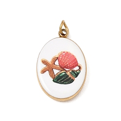 Coral Printed 304 Stainless Steel Pendants, Oval with Starfish & Shell Shape Charms, Ion Plating(IP), Long-Lasting Plated, Golden, Coral, 18x12x3mm, Hole: 2.5mm