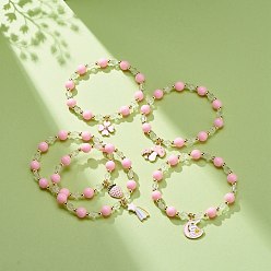 Смешанные Узоры Розовый браслет из бисера из акрила и синтетического гематита с подвесками из сплава эмали для женщин, смешанные узоры, внутренний диаметр: 2 дюйм (5.2 см)