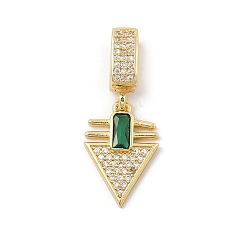 Зеленый Латунь микро проложить кубический цирконий европейские подвесные подвески, без кадмия и без свинца, треугольник прелести, зелёные, 19x13x2.5 мм, отверстие : 8x5 мм