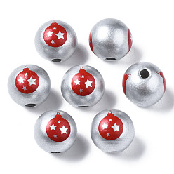 Silver Painted Natural Wood European Beads, Large Hole Beads, Printed, Christmas, Round, Silver, 16x15mm, Hole: 4mm