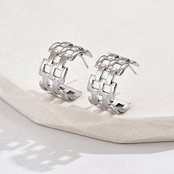 Stainless Steel Color Non-Tarnish 304 Stainless Steel Hollow Square Stud Earrings, Half Hoop Earrings, Stainless Steel Color, 18x11mm