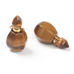 Tiger Eye Faceted Natural Tiger Eye Pendants, Openable Perfume Bottle, with Golden Tone Brass Findings, 32~33x17~18x16mm, Hole: 2mm, capacity: 1ml(0.03 fl. oz)