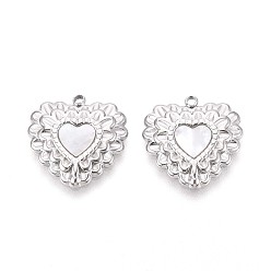 Нержавеющая Сталь Цвет 304 подвески из нержавеющей стали с натуральными белыми ракушками, сердце прелести, цвет морской раковины, цвет нержавеющей стали, 18.5x18x2.5 мм, отверстие : 1.5 мм