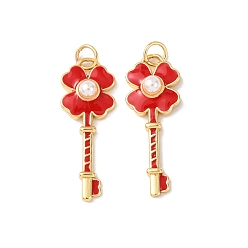 Красный Латунь эмаль подвески, с abs имитационными жемчужными бусинами , клевер ключ прелести, без кадмия и без свинца, стойки покрытие, долговечный, с целью перехода в кольце, красные, 28.5x11.5x5 мм, отверстие : 3 мм
