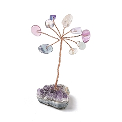Флюорит Натуральные флюоритовые чипсы Дерево жизни украшения, аметистовая основа с медной проволокой, фен-шуй энергетический камень подарок для домашнего офиса украшение рабочего стола, 18.5~24.5x25~33x49~61 мм