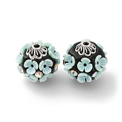 Бледно-бирюзовый Круглые бусины из смолы ручной работы из Индонезии, со сплавочной фурнитурой со стразами, круглая с цветком, бледные бирюзовая, 19~19.5x17.5 мм, отверстие : 1.8 мм