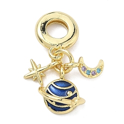 Настоящее золото 16K Латунное микропейв с кубическим цирконием европейские подвески с подвесками, подвески с большими отверстиями в виде планеты, луны и звезды, с синей эмалью, реальный 16 k позолоченный, 26 мм, отверстие : 5 мм