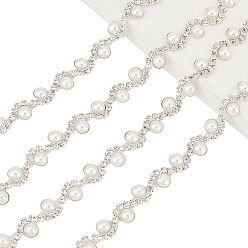 Platinum & Silver 1 Yard Crystal Rhinestone Cup Chains with Plastic Pearl Beaded, Brass Twist Wave Strass Chains, for Wedding Dress, Platinum & Silver, 12x5mm