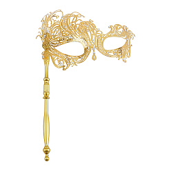 Golden Iron Filigree Masquerade Mask with Handle, Half Face Mask for Halloween Costume Party, Golden, 285x160x67mm