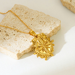 Chapado en Oro Real 18K 304 Collares con colgante de moneda de flor en relieve de acero inoxidable para mujer, real 18 k chapado en oro, 15.75 pulgada (40 cm)