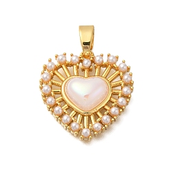 Настоящее золото 18K Сердце стойки обшивки латунные подвески, с abs имитационными жемчужными бусинами , без свинца и без кадмия, долговечный, реальный 18 k позолоченный, 21.5x21.5x6.5 мм, отверстие : 6.5x3.5 мм