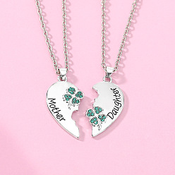 Клевер 2 шт. ожерелья с подвеской в виде сердца из сплава индиголита и страз для матери и дочери на День матери, платина, клевер, 17.72 дюйм (45 см)