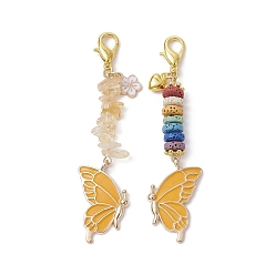 Gold Butterfly Alloy Enamel Pendants Decoraiton, Natural Citrine Chip & Lava Rock Beads and Lobster Claw Clasps Charm, Gold, 81~83mm, 2pcs/set