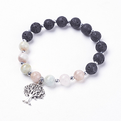 Морганит Браслеты с подвесками из натуральных бусин из вулканической породы, Сплав с подвесками, натуральный морганит и немагнитные синтетические гематитовые бусины, Упаковка мешковины, древо жизни, 2-1/8 дюйм (54 мм)