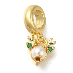Настоящее золото 18K Подвески-шармы из латуни с кубическим цирконием и имитацией жемчуга из АБС-пластика, рождественские лосиные подвески с большими отверстиями, без кадмия и без свинца, долговечный, реальный 18 k позолоченный, 18.5 мм, отверстие : 4.5 мм