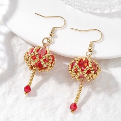 Красный Прозрачные серьги-подвески из гальванизированного стекла и бисера., цветок, с 304 нержавеющей стали серьги крючки, золотые, красные, 53x18 мм