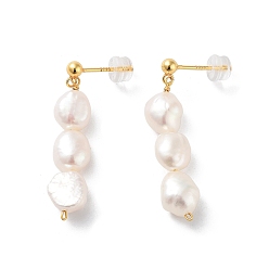 Real 18K Gold Plated Natural Pearl Stud Earrings for Women, Sterling Silver Dangle Earrings, Real 18K Gold Plated, 35.5x8mm