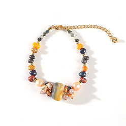 Разноцветный Браслеты из латуни, пресноводного жемчуга и турмалина для женщин, самородки, красочный, 5-7/8 дюйм (15 см)