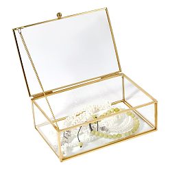 Clear Transparent Glass Jewelry Organizer Display Cases with Metal Frame, Golden, Clear, 15.2x11x5.2cm
