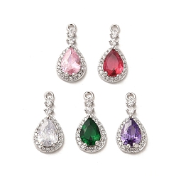 Real Platinum Plated Glass Pendants, with Brass Findings, Teardrop, Real Platinum Plated, 16x7.5x3.5mm, Hole: 1.2mm