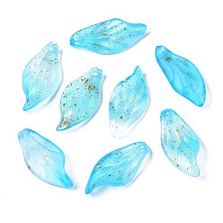 Light Sky Blue Frosted Transparent Spray Painted Glass Pendants, with Glitter Powder, Leaf, Light Sky Blue, 30x14x3.5mm, Hole: 1mm