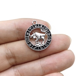 Телец Подвески из сплава со стразами на тему созвездий, плоские круглые прелести, с эмалью, серебряные, Телец, 24x21 мм
