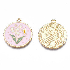 Pink Rack Plating Alloy Enamel Pendants, Cadmium Free & Nickel Free & Lead Free, Light Gold, Flat Round with Flower, Pink, 28x25x1.5mm, Hole: 1.8mm