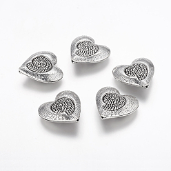 Argent Antique Perles en alliage de style tibétain, création de cadeaux du jour de mère/de la Fête des Mères, sans plomb & sans nickel & sans cadmium , cœur, argent antique, longueur d'environ 30 mm ,  largeur de 31 mm, épaisseur de 11mm, Trou: 2mm