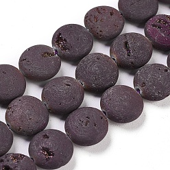 Purple Plated Electroplated Natural Quartz Crystal Beads Strands, Druzy Geode Crystals, Flat Round, Purple Plated, 11.5~12.5x5mm, Hole: 1.2mm, about 16pcs/strand, 7.59 inch(19.5cm)
