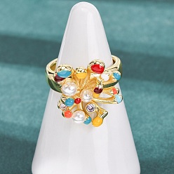 Настоящее золото 18K Открытые кольца манжеты из латуни с микропаве и кубическим цирконием, фейерверк, с эмалью и абс пластика имитация жемчуга, покрытие арака, долговечный, без кадмия и без свинца, реальный 18 k позолоченный, размер США 7 1/4 (17.5 мм)