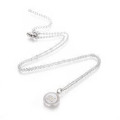 Letter M Brass Initial Pendant Necklaces, with Shell, Cubic Zirconia and 304 Stainless Steel Cable Chains, Flat Round with Letter, Letter.M, 17.5 inch(44.5cm), 1.5mm