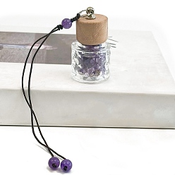 Amethyst Glass Perfume Bottle Hanging Ornament, with Wood Lips and Amethyst Beads, 19cm