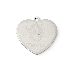 Телец 201 подвески из нержавеющей стали, сердце с 12 созвездиями подвески, Телец, 17.5x18x1 мм, отверстие : 1.4 мм