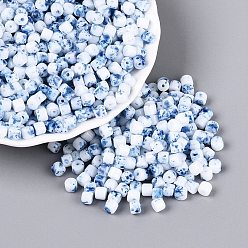 Royal Blue Opaque Picasso Glass Beads, Column, Royal Blue, 4x3.5mm, Hole: 0.9~1mm, about 3461pcs/pound