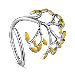 Yellow Adjustable 925 Sterling Silver Finger Ring, with Enamel, Leaves, Size 8, Yellow, 18mm