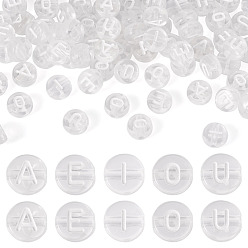 Прозрачный 100 шт 5 стили прозрачные акриловые бусины, плоский круглый с буквой aeiou, прозрачные, 7x3.5 мм, отверстие : 1.6 мм, 20 шт / стиль