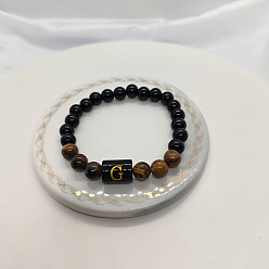 Letter G Браслеты из натурального тигрового глаза и черного обсидиана с круглыми бусинами, колонка с буквой украшения для женщин мужчин, Буква G, 7-1/8 дюйм (18 см)