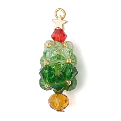 Зеленый Стеклянные подвески, рождественские елки со звездой, с золотой железной петлей, граненые, зелёные, 38.5x14.5x13.5 мм, отверстие : 2.8 мм
