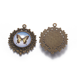 Yellow Alloy Glass Pendants, Flat Round with Butterfly Pattern, Nickel Free, Antique Bronze, Yellow, 49x41x6mm, Hole: 3mm