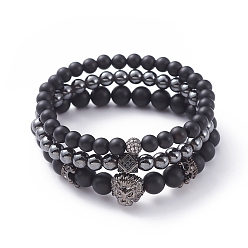 Black Unisex Stretch Bracelets Sets, Stackable Bracelets, with Natural Black Agate(Dyed) Beads, Non-Magnetic Synthetic Hematite Beads, Brass Cubic Zirconia Beads and Alloy Beads, with Cardboard Packing Box, Lion Head & Crown & Round, Black, 2-1/4 inch(5.6cm), 3pcs/set