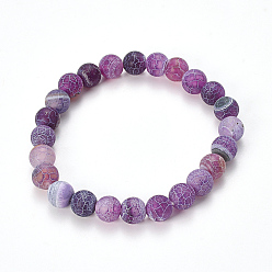 Medium Orchid Natural Weathered Agate Beaded Stretch Bracelets, Frosted, Dyed, Round, Medium Orchid, 2-1/8 inch(55mm)