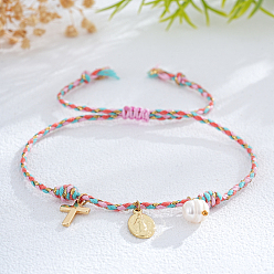 Pink Богемные браслеты из латуни с подвесками из натурального пресноводного жемчуга, регулируемые плетеные браслеты из хлопкового шнура для женщин, крест и овал с иисусом, розовые, 11.02 дюйм (28 см)