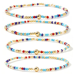 Разноцветный 4 Браслеты из богемского стеклянного бисера и латунных бусин, эластичные, для женщин, рондель, красочный, 6.50 дюйм (16.5 см)