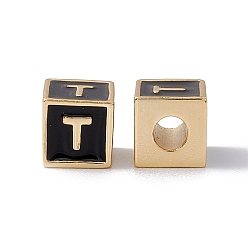 Letter T Стойки покрытие латунь эмаль бисер, без кадмия, без никеля и без свинца, реальный 18 k позолоченный, куб с письмом, чёрные, letter.t, 6x6x6 мм, отверстие : 2.5 мм