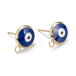 Темно-Синий Серьги-гвоздики из экологически чистой латуни с эмалью, с петлями, реальный 18 k позолоченный, плоский круглый с злобным глазом, темно-синий, 13x10 мм, отверстие : 1.8 мм, штифты : 0.7 мм