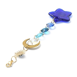 Medium Blue Handmade Evil Eye Lampwork Pendant Decorations, with Octagon Glass Beads and Moon Link, 304 Stainless Steel Lobster Claw Clasps, Star/Heart/Flat Round/Teardrop/Hamsa Hand, Medium Blue, 166~190mm