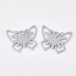 Stainless Steel Color Non-Tarnish 201 Stainless Steel Pendants, Smooth Surface, Butterfly, Stainless Steel Color, 14x17x1mm, Hole: 1.4mm