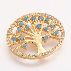 Golden Brass Micro Pave Cubic Zirconia Pendants, Tree, Golden, 20x24x4.5mm, Hole: 4mm