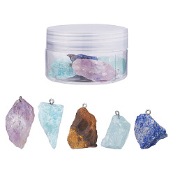 Смешанные камни 5 шт 5 стиль подвески из натуральных драгоценных камней, грубый необработанный камень, с 304 петлями из нержавеющей стали, самородки, 25~45x20~31x10~20 мм, отверстие : 2 мм, 1 шт / стиль