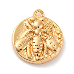 Настоящее золото 18K Латунные подвески с прозрачными кубическими цирконами, плоский круг с подвесками в виде насекомых, без кадмия, без никеля и без свинца, реальный 18 k позолоченный, 14x12x2.5 мм, отверстие : 1 мм